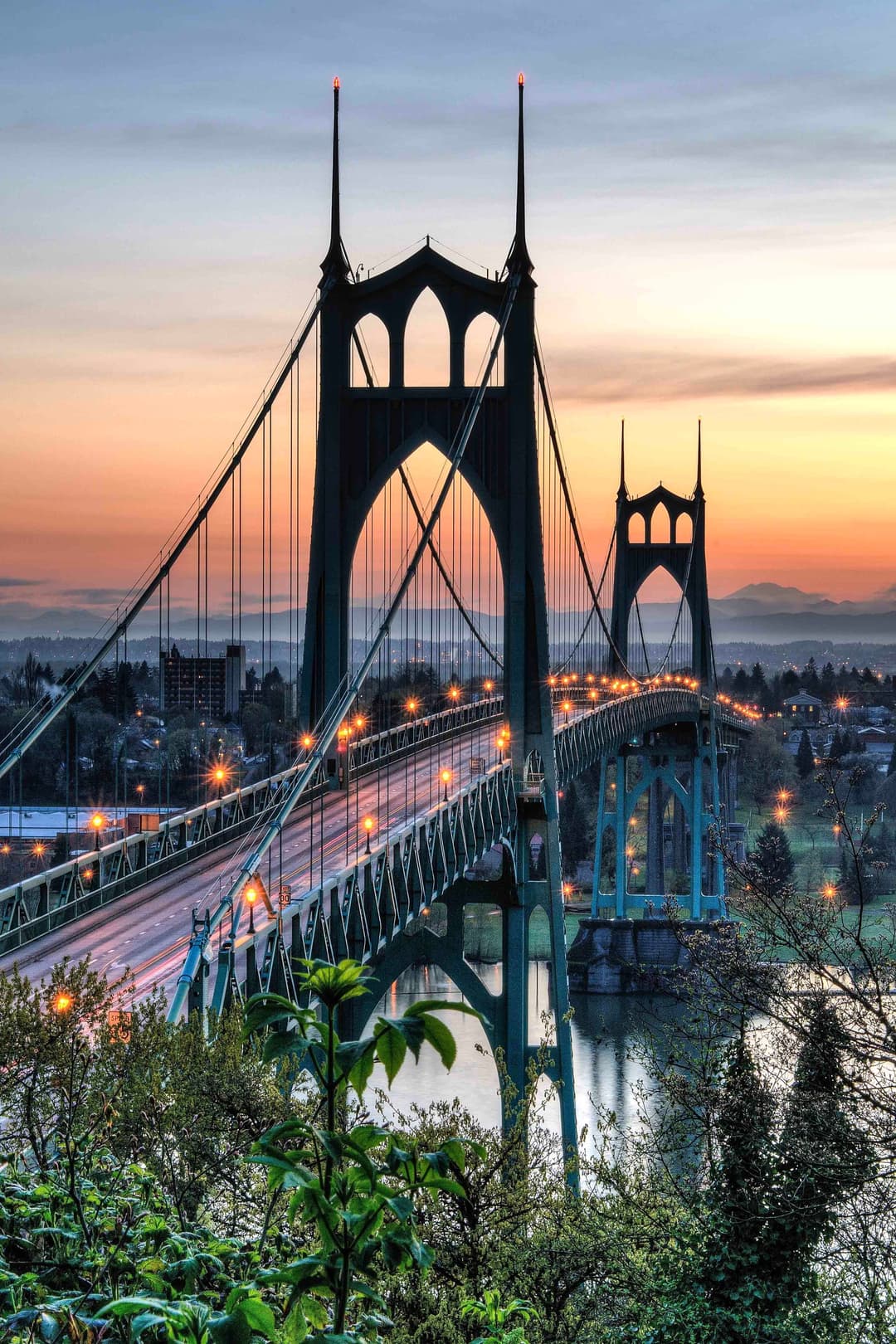 View of the St. Johns Bridge in Portland, Oregon.