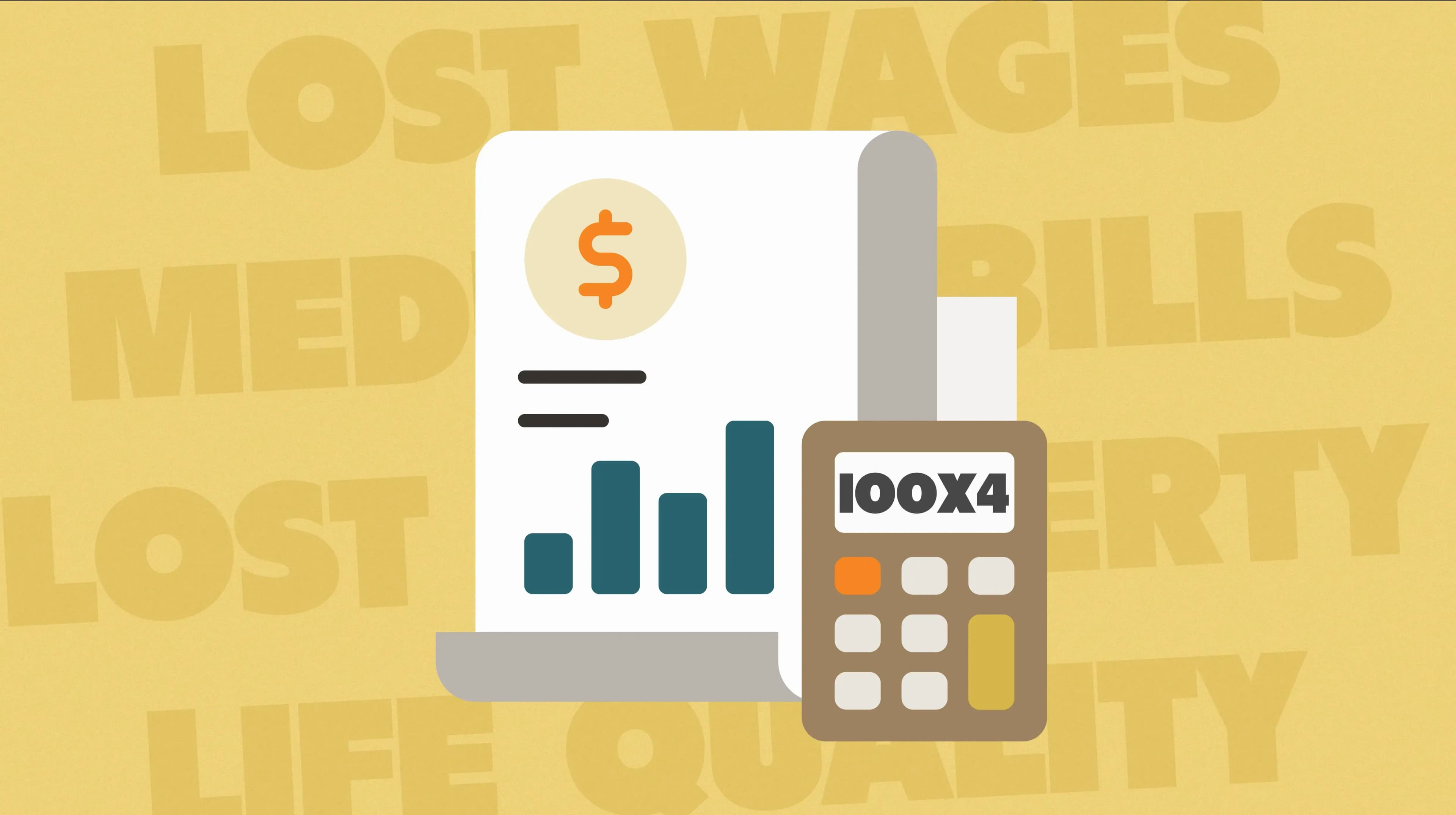 A graphic showing a calculator and finance records being used to calculate compensation.
